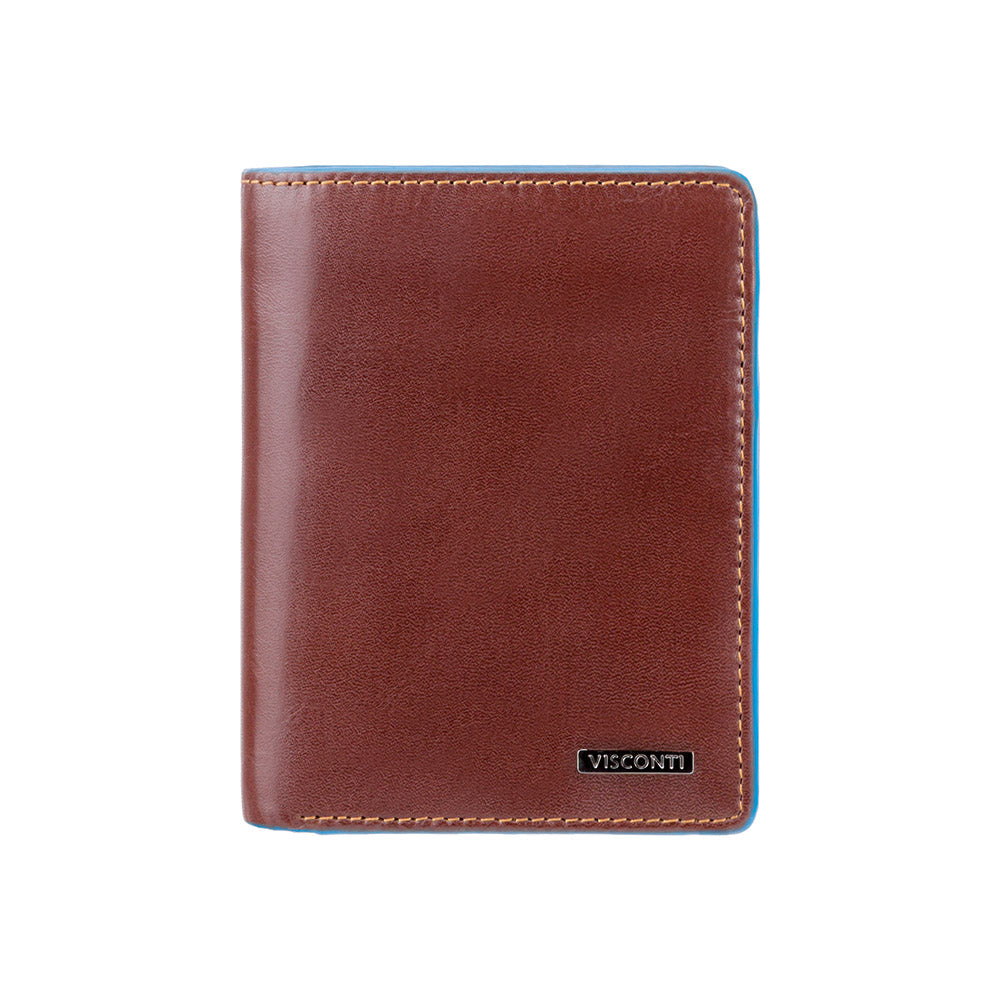 Коричневый мужской кошелек в три сложения с синей каймой Visconti ALP87 Ralph (Brown) с защитой RFID -  Visconti